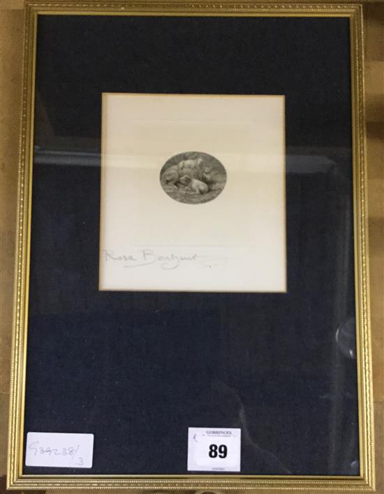 Signed in pencil, Rosa Bonheur etching of sheep (labels on reverse)(-)